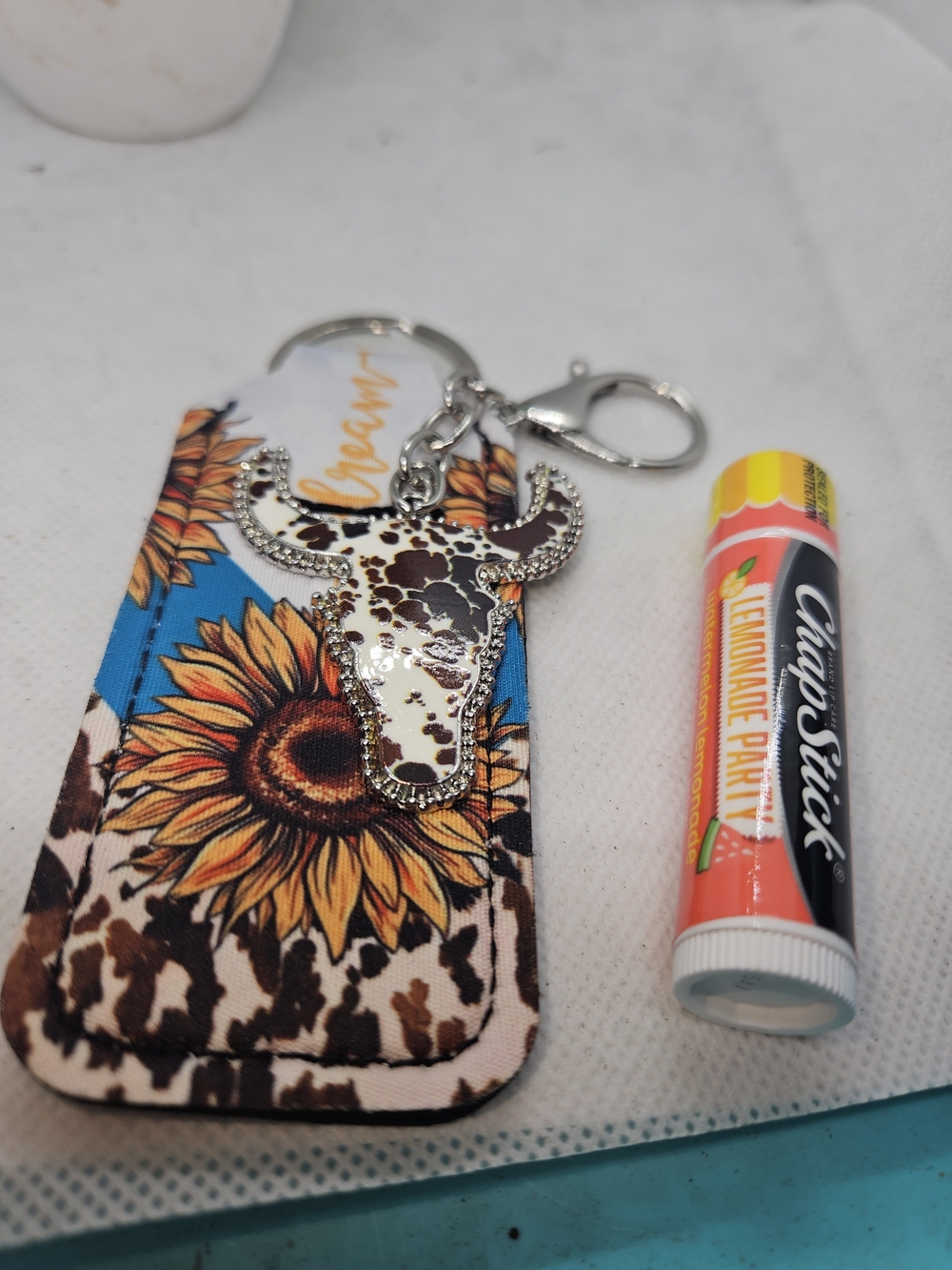 Sunflower & Cowhide Keychain Lip Balm Holder with Silver Longhorn Charm